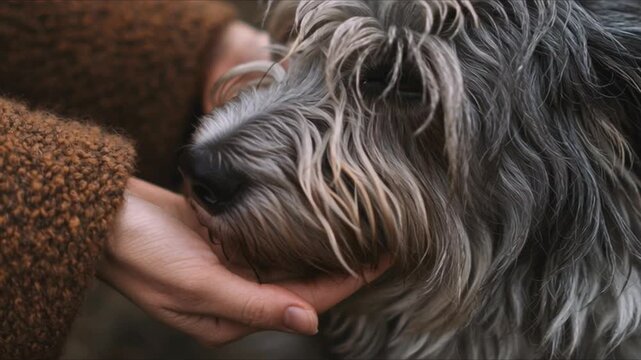 Emotional close-up of a beautiful female hand gently caressing a shaggy dog, soft natural light, detailed fur texture, warm human-animal bond, calm atmosphere