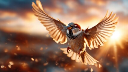 Obraz premium A sparrow soaring elegantly through the air during a breathtaking golden hour, embracing freedom and nature's beauty, capturing the essence of flight and serenity in a stunning moment.