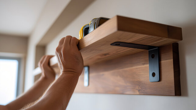 DIY floating shelf installation using brackets and wooden boards, modern apartment interior, hands adjusting level tool