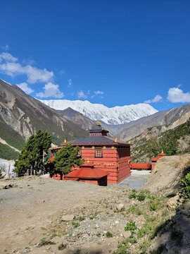 Iconic Red Gumba on the Way to Tilicho Lake Trek, Manang, Nepal