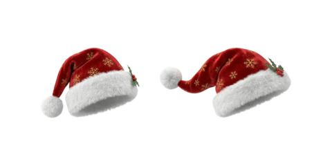 3D render of two red velvet Santa hats with gold snowflake embroidery, fluffy fur trim, and holly berries from different angles.