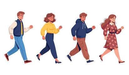 Fototapeta premium Group of happy cartoon people walking together in casual clothing