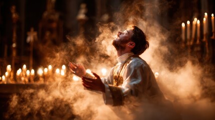 A man in a contemplative pose, surrounded by flickering candlelight, embodies spirituality and deep reflection, creating an atmosphere rich with emotion and reverie.