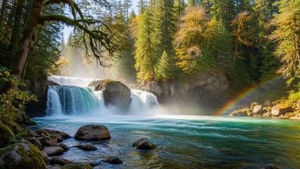 Obraz premium Stunning Waterfall with Rainbow in Lush Green Forest Landscape.