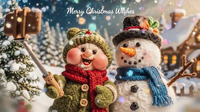 a kawaii 3d vintage storybook scene shows a rosy cheeked plush caroler taking a wide angle selfie beside a chubby felt snowman, sparkles floating softly as the caption merry christmas wishess
