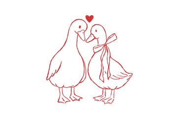 Cute Geese Couple Kissing with Bow Ribbon Illustration Valentine's Design