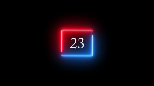 Neon glowing calendar date number 23 displayed inside a futuristic rectangular frame on dark background. Modern digital date indicator suitable for calendar design, schedule concept, reminder, event 