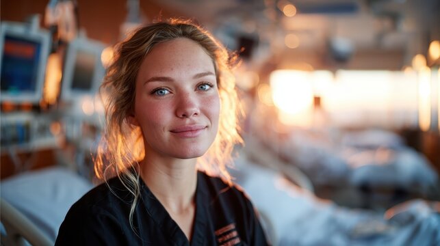 This image shows a compassionate nurse smiling gently in a hospital setting, illuminated by warm sunlight, reflecting care and dedication in a nurturing healthcare environment. - Powered by Adobe