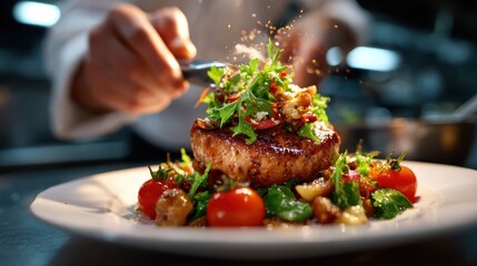 A chef artfully garnishes a beautifully plated dish, emphasizing the skill and creativity involved in gourmet cooking and culinary presentation.