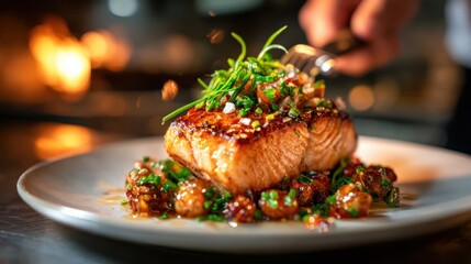 A beautifully plated grilled salmon fillet topped with fresh herbs and garnishes, resting on a sophisticated dish that highlights culinary artistry and flavor.