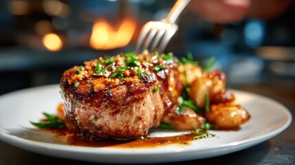 A juicy steak grilled to perfection glistens with a rich glaze, promising a delightful culinary experience. The inviting aroma evokes sensations of hunger and indulgence.