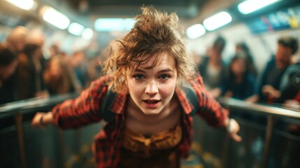 A dynamic image showcasing a young woman navigating a busy subway environment, exuding energy and confidence amidst a blur of activity around her.