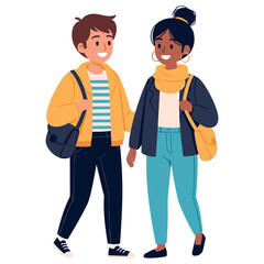 Obraz premium Smiling young adult cartoon couple walking together with backpacks