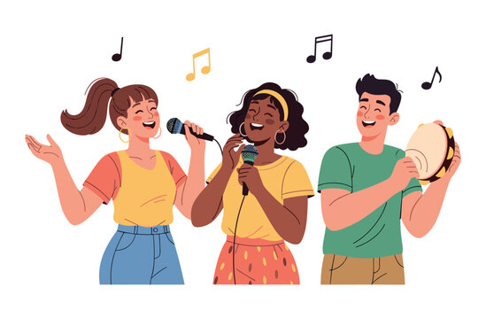 Diverse group singing and playing music with microphones and tambourine