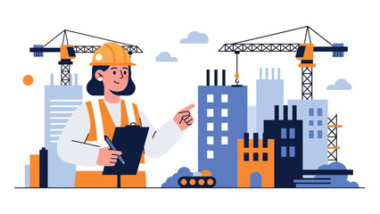 Modern flat vector illustration of an architect inspecting a construction site, ideal for building supervision, project management visuals, architecture firms, and construction services