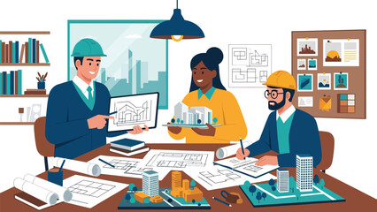 Flat vector illustration of architects collaborating in a design studio, ideal for teamwork visuals, creative agencies, architecture firms, and professional branding