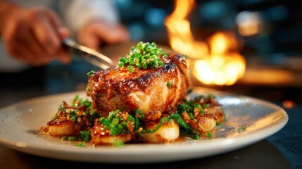 A chef skillfully prepares an impressive flambé dish, creating an enchanting fire effect in a professional kitchen, showcasing culinary excitement and the art of gastronomy.