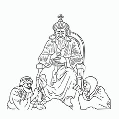 A King Sitting on an Ornate Throne Receiving a Kneeling Supplicant with Respect and Devotion - Black and White Line Drawing Illustration