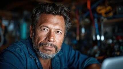 Obraz premium A mature man with salt and pepper hair exudes confidence and wisdom in a casual setting, embodying strength, experience, and an inviting presence of authenticity.