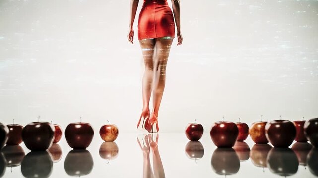 Slender female legs in red stockings and red high-heeled shoes slowly step between ripe red apples against the white background of an infinity mirror.