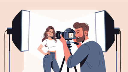 Modern flat vector illustration of a professional photographer taking studio portrait photos, ideal for photography services, creative studios, marketing visuals, and media content