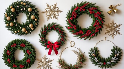 Festive christmas wreath set decorated with greenery red bows berries and star ornaments
