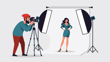 Modern flat vector illustration of a professional photographer taking studio portrait photos, ideal for photography services, creative studios, marketing visuals, and media content