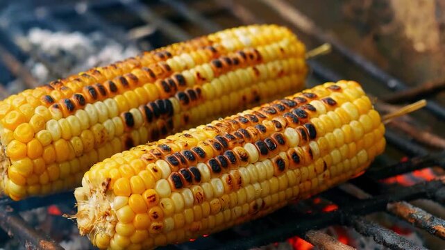 Grilled corn on the cob cooking over barbecue grill with golden kernels, smoky texture, outdoor summer food concept
