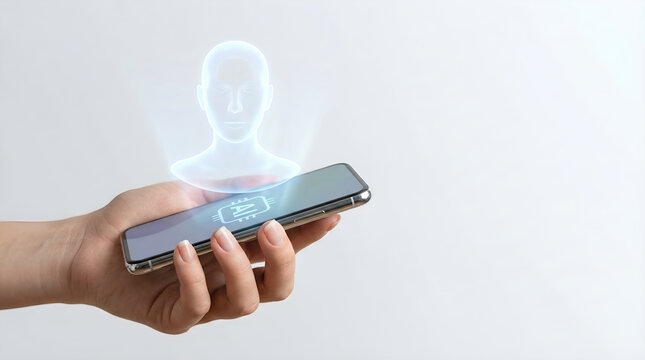 Digital Transformation: Hand Interacting with Holographic AI Assistant on Smartphone for Business Productivity & Future Enterprise Solutions - Powered by Adobe