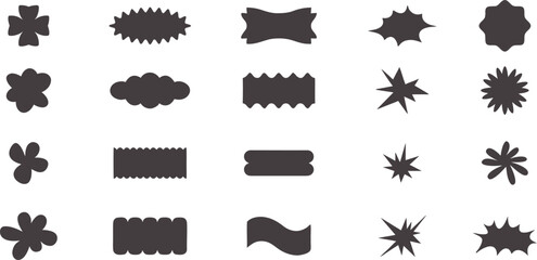 Abstract label and badge shape collection in bold minimal style. Decorative blobs, bursts, and frames for modern graphic design projects. Versatile vector elements ideal for packaging, logos, stickers