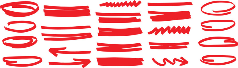 Red hand drawn marker strokes and underline elements isolated on white. Bold highlight lines include circles arrows and scribbles. Ideal for emphasis notes edits presentations and graphic design.