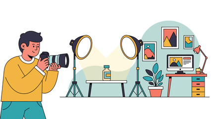 Flat vector illustration of a photographer taking product photos, ideal for e-commerce visuals, product marketing, commercial photography, and business branding