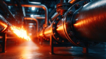 A visually striking image of industrial pipes illuminated by blue and orange light, with flames emerging, depicting a powerful representation of machinery and energy in a plant.