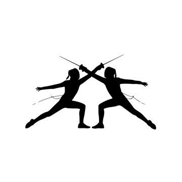 Black Silhouette of Two Female Fencers in an En Garde Position with Foils Crossed