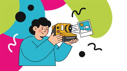 Modern flat vector illustration of a photographer using an instant camera, ideal for retro photography concepts, creative hobbies, and playful visual content