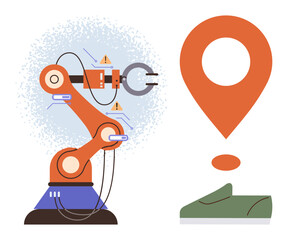 Orange robotic arm assembling green shoe, geolocation marker highlighting automation. Ideal for manufacturing, technology, robotics, logistics, AI, innovation smart industries. Modern simple flat