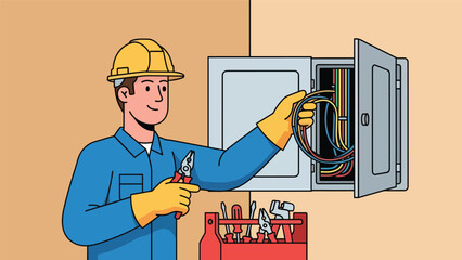 Flat vector illustration of an electrician repairman installing and repairing electrical wiring, ideal for electrical services, safety guides, home maintenance visuals, and technical branding