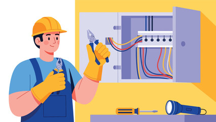 Flat vector illustration of an electrician repairman installing and repairing electrical wiring, ideal for electrical services, safety guides, home maintenance visuals, and technical branding