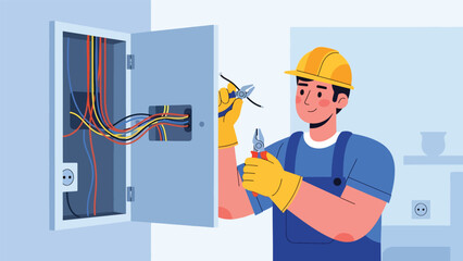 Flat vector illustration of an electrician repairman installing and repairing electrical wiring, ideal for electrical services, safety guides, home maintenance visuals, and technical branding