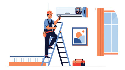Modern flat vector illustration of a repairman fixing an air conditioner unit on a ladder, ideal for HVAC services, home maintenance ads, and appliance repair promotions