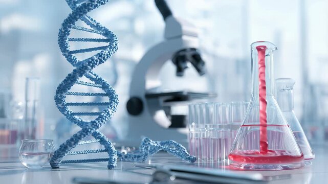 Medical laboratory setup featuring DNA research equipment, glassware, and a microscope focused on genetic analysis in a modern facility