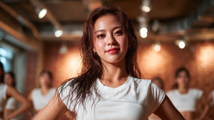 A confident young dancer poses in front of a mirrored studio, exuding energy and passion for dance, with other dancers blurred in the background, demonstrating teamwork and spirit.