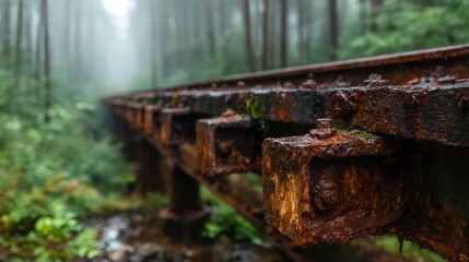 An old, rusty railway track runs through a mysterious fog-covered forest, symbolizing the passage of time and nature's reclaiming of forgotten infrastructure, creating a haunting atmosphere.