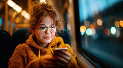 A young woman with glasses sits on a bus, absorbed in her phone while wearing a cozy sweater, portraying a modern narrative of daily commuting and connection in transit.