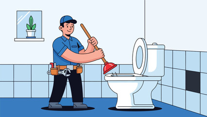 Modern flat vector illustration of a plumber unclogging a toilet with tools, ideal for plumbing services, emergency repair ads, home maintenance visuals, and service branding