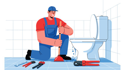 Modern flat vector illustration of a plumber unclogging a toilet with tools, ideal for plumbing services, emergency repair ads, home maintenance visuals, and service branding