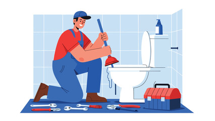 Modern flat vector illustration of a plumber unclogging a toilet with tools, ideal for plumbing services, emergency repair ads, home maintenance visuals, and service branding