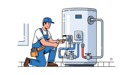 Flat vector illustration of a repairman inspecting and repairing a home water heater, ideal for plumbing services, maintenance guides, appliance repair ads, and service visuals