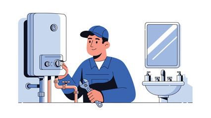 Flat vector illustration of a repairman inspecting and repairing a home water heater, ideal for plumbing services, maintenance guides, appliance repair ads, and service visuals