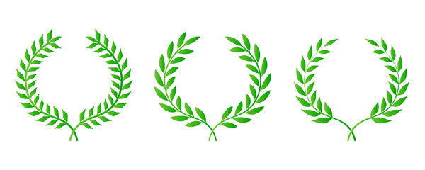 Green laurel wreath. Green silhouette laurel foliate wreaths, award, achievement, chaplet, heraldry, nobility. Green leaf silhouette on PNG.